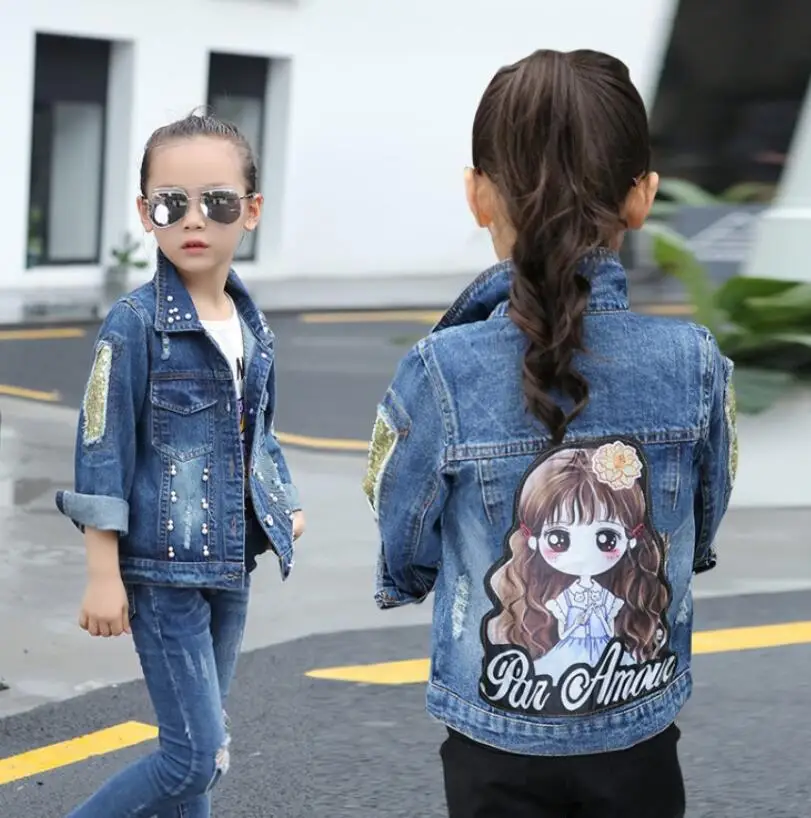 Girl Sequin lace denim jacket children outerwear Kids coat for 3-10 years Clothes spring autumn Baby girls jeans bling clothing | Детская