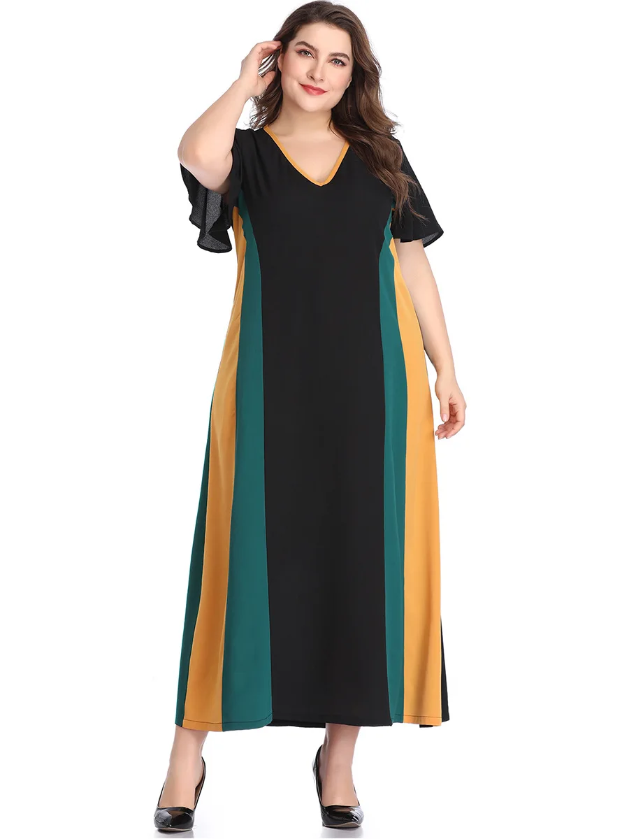 

patchwork holiday beach dress big size 4XL 5XL v-neck elegant women chiffon dress summer large size long maxi dress plus size