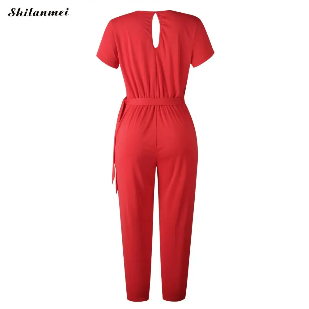 

Women Summer Straight Jumpsuit Womens Sexy Jumpsuit Overalls Short Sleeve Casual Red 2019 Fashion Deep V Neck Jumpsuits Rompers
