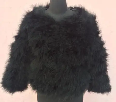 Пикантное женское черное пальто из страусиной шерсти и натурального индейки с натуральным мехом, короткая зимняя Праздничная куртка с длинным рукавом, размеры 5XL,7XL