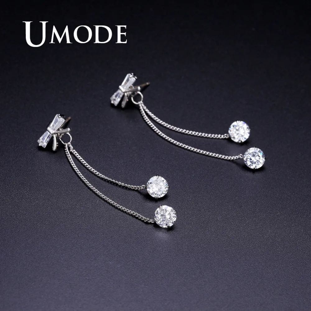 Женские круглые серьги-подвески UMODE с фианитами двумя шариковыми цепочками новые