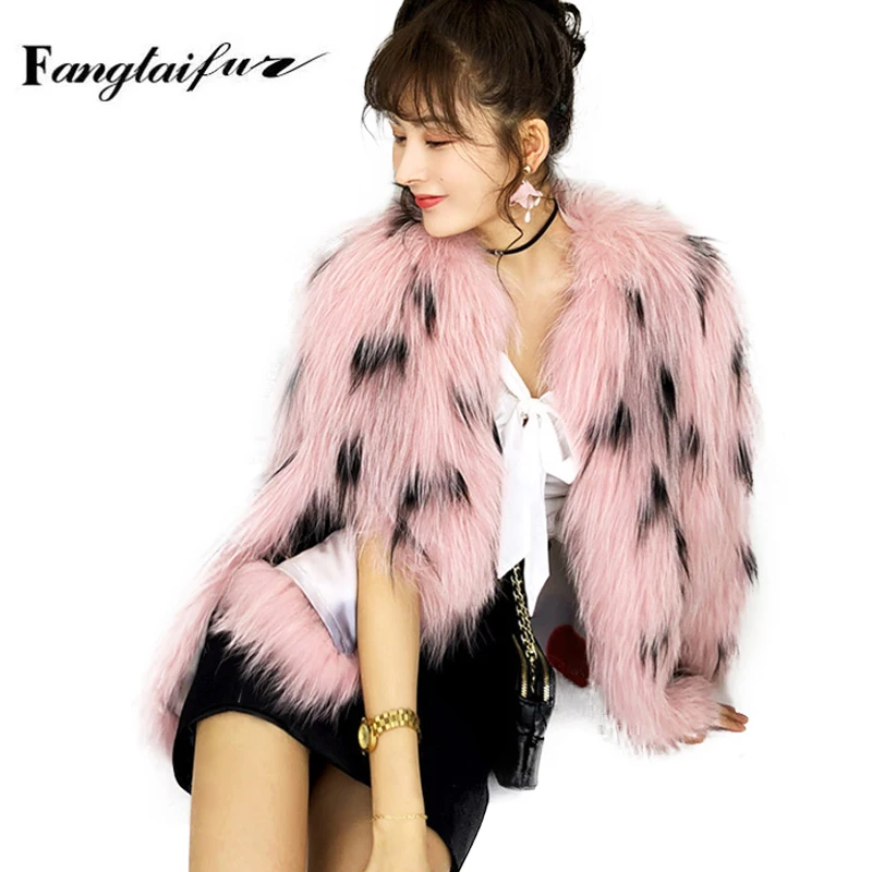 

Ftangaiur Winter Weave Women Import Fox Fur Coat O-Neck Slim Pink Leopard Fox Fur Coats Women's Real Short Fox Fur Coats