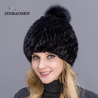 jinbaosen new thick female hat hot sale real mink fur hat ladies winter knit water hat with fox fur pompoms