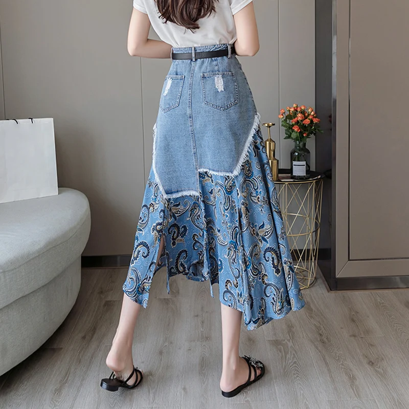 Fitaylor Летняя джинсовая Лоскутная шифоновая юбка с цветами Женская винтажная