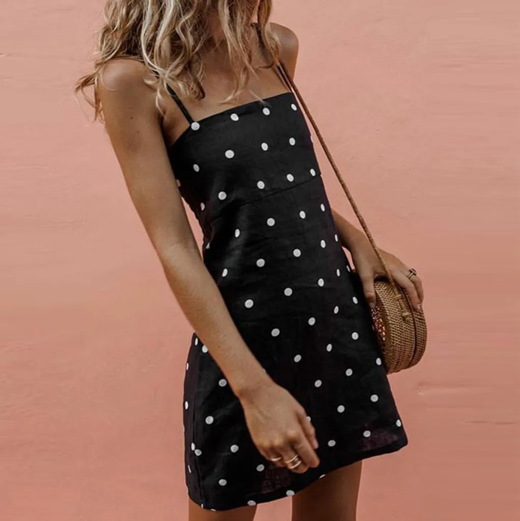 Женское повседневное платье в горошек Boho мини без рукавов лето 2019|Женские платья|