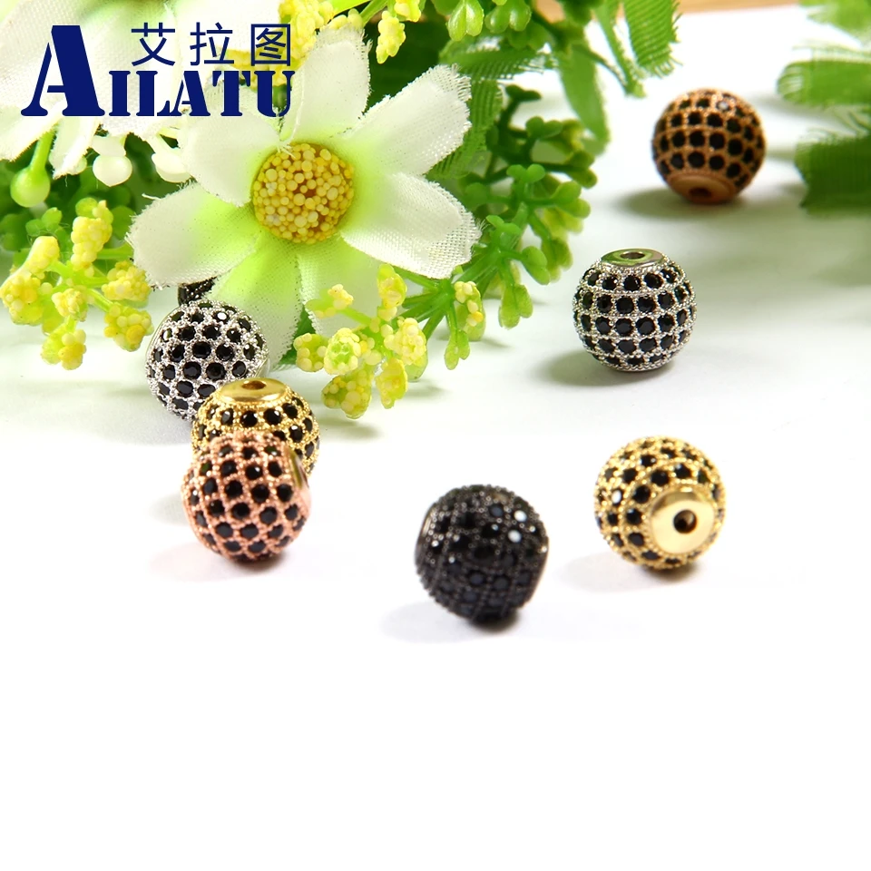 

Ailatu Wholesale 10pcs/lot 10mm Copper Ball with 5lined Micro Inlay Black Cz Decorated for DIY Fashion Bracelets