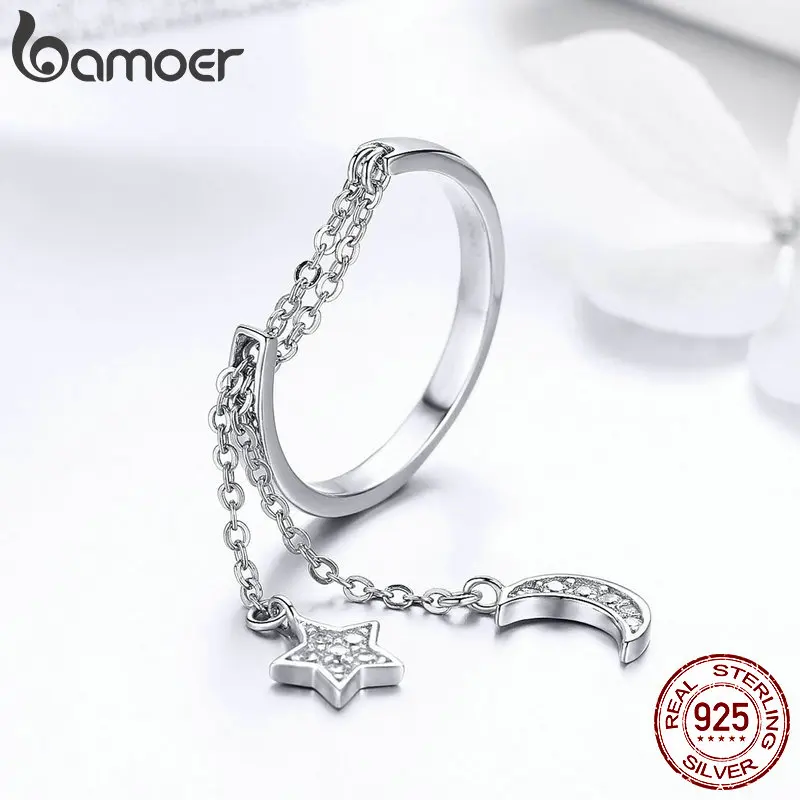 BAMOER подлинные 925 пробы серебряные кольца с Луной и звездой, регулируемые кольца для женщин S925 дизайн SCR407