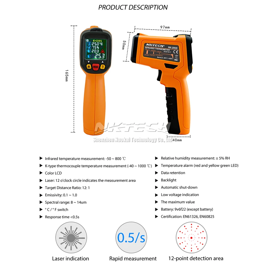 NKTECH цифровой лазерный инфракрасный ИК пистолет NK-200D 5 в 1 ЖК влажность росы термометр-50~ 800 температура окружающей среды термопары метр