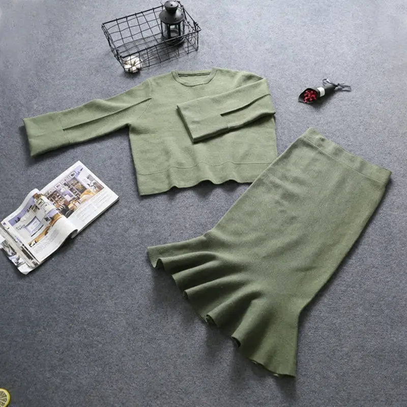 Autumn Jumper Sweater Women Office Elegant Knitted Pullover + Pencil Skirt 2pcs Suits Tops And Long Skirts Sets C3674 | Женская одежда