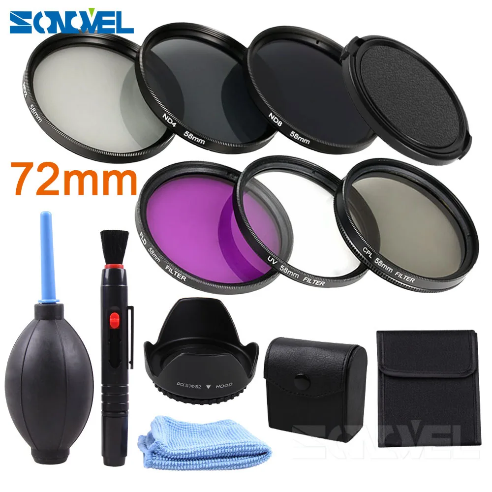 72MM 52 55 58 62 67 72 77 мм UV CPL FLD ND2 ND4 ND8 Набор фильтров нейтральной плотности для фотосъемки+ крышка бленды для камеры, видеокамеры - Цвет: 72MM