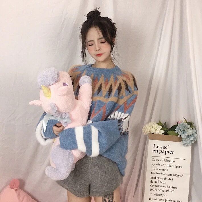 Lychee Girls Geometric Knitted Thick Women Sweater O Neck Long Batwing Sleeve Female Spring Autumn Preppy Style Pullover | Женская