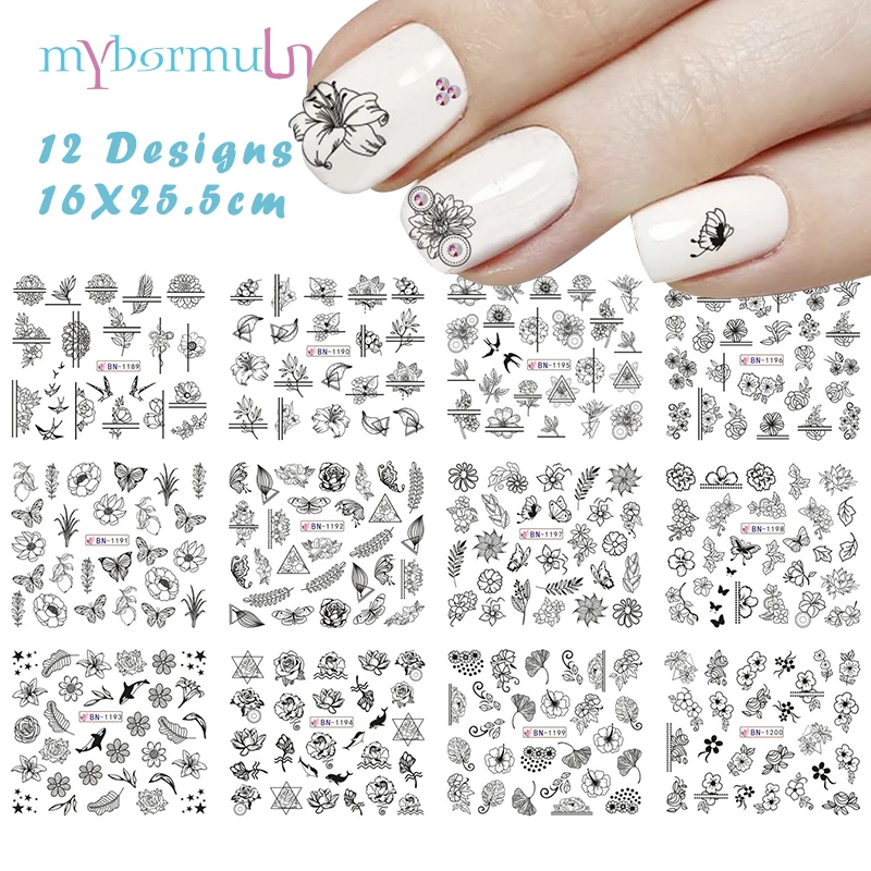 12 типов черных наклеек для ногтей с переводом воды бабочки цветок лист DIY