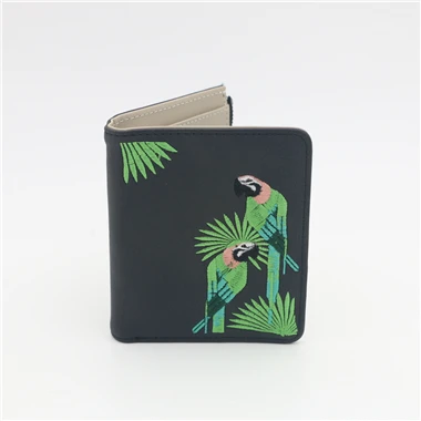 Женский кошелек с вышивкой птицы Portefeuille Femme на молнии, короткий кошелек, кожаный держатель для карт, зеленый, синий, розовый, черный, женские кошельки - Цвет: black