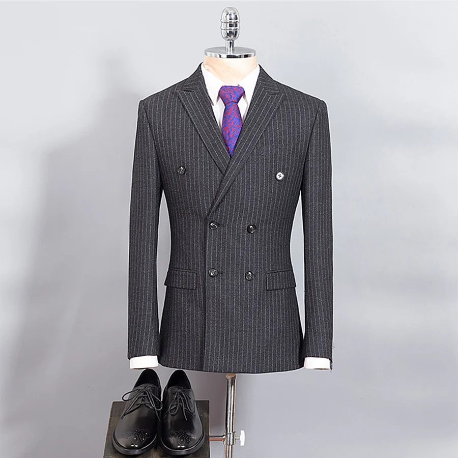 Men's Stripe 3 Pieces Wool Suits High Quality Double Breasted Suits Formal Slim Jackets Pants Vest Luxury Dark Grey Menswear A27