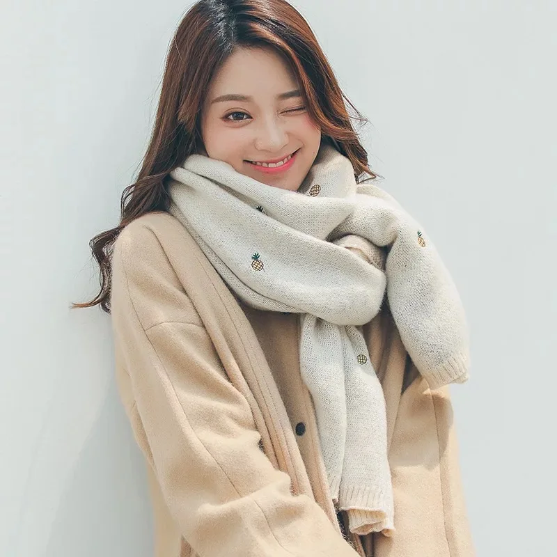Mingjiebihuo шарф женский зимний корейский волна новая вышивка Ананас длинный толстый теплый вязаный шерстяной платок двойного назначения воротник - Цвет: PIC COLOR