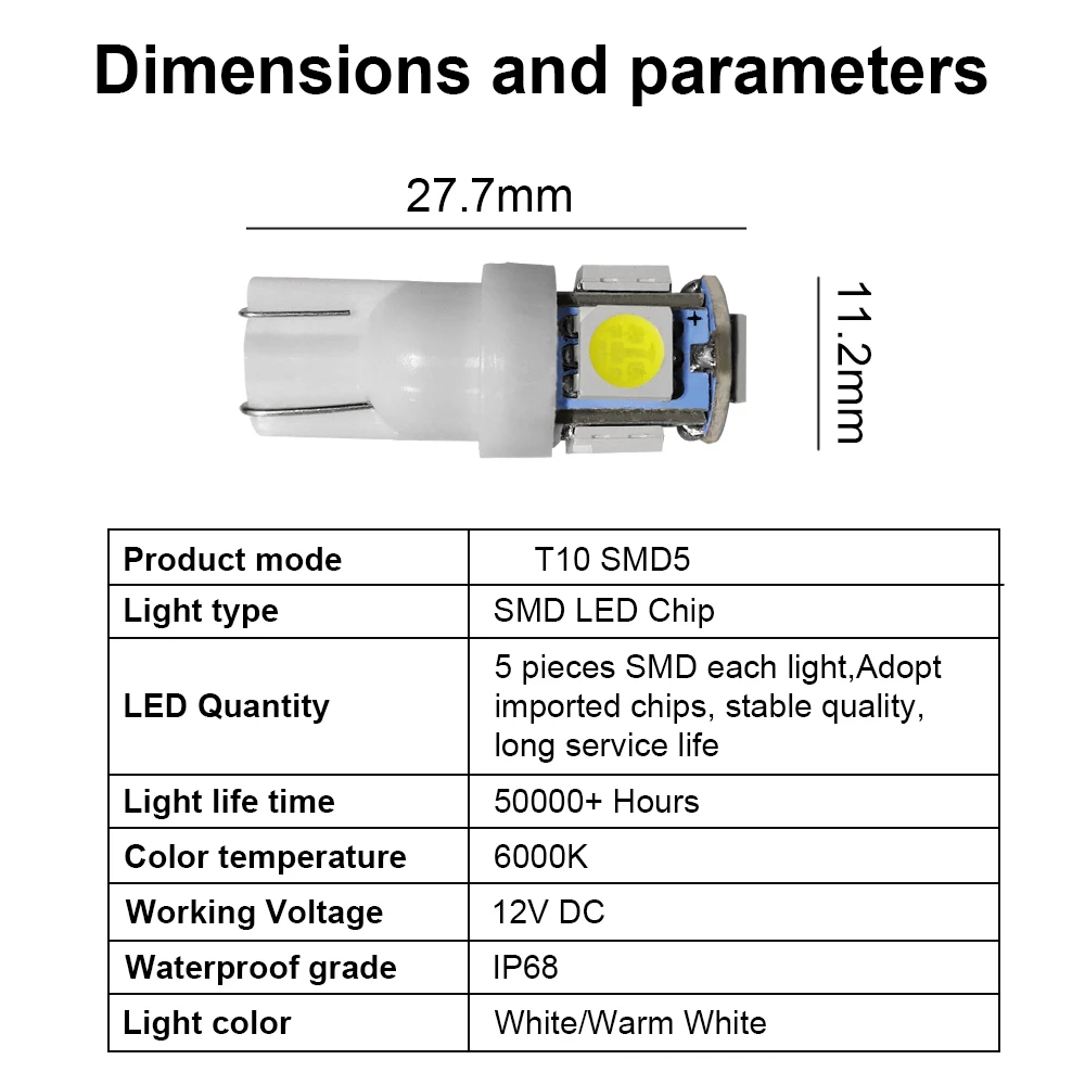 Roadsun 10 шт. T10 Led W5W 194 SMD5 5050 двери автомобиля сигнальная Лампа Купол Чтение номерного знака светильник парковочная лампа авто Клин просвет