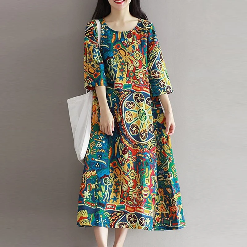 Летнее праздничное хлопковое платье свободного кроя с рукавом 3/4 и круглым