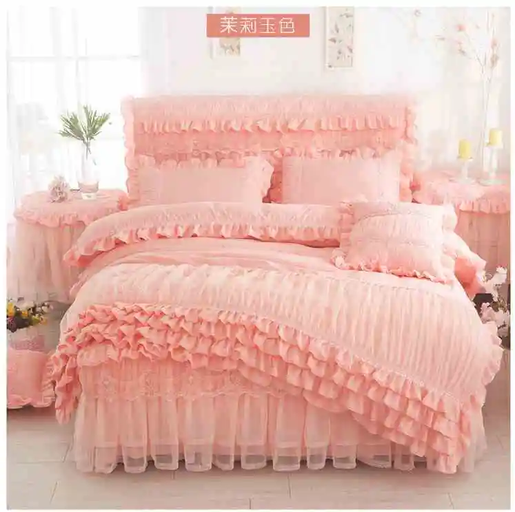 Light Pink Розовая Принцесса кружева постельное белье королева король мягкая кровать юбка оборки пододеяльник простыня наволочки 4 шт. Комплект постельного белья домашний текстиль - Цвет: Light Pink