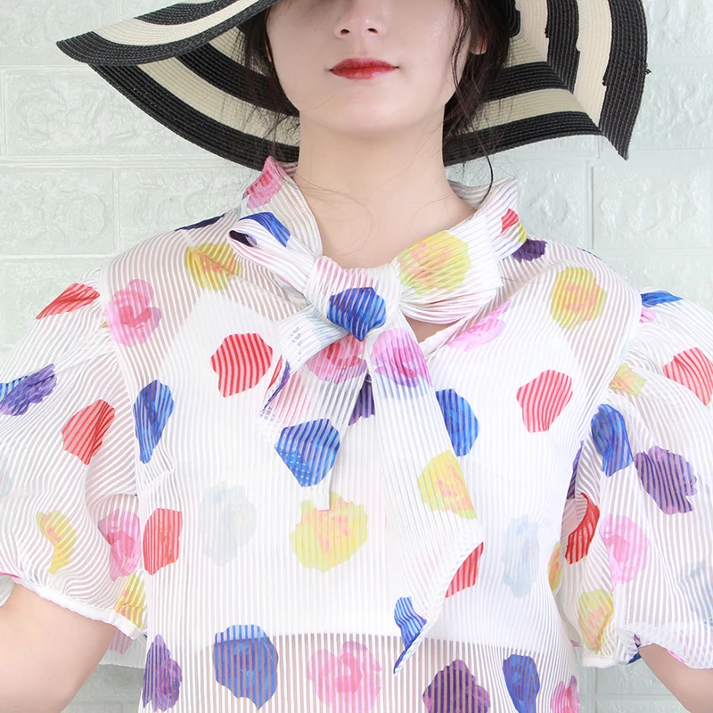 VGH 2019 летние полосатые рубашки с принтом для женщин бантом воротником фонариком