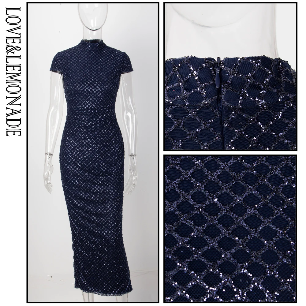 Женское облегающее вечернее платье LOVE & LEMONADE темно синее в клетку со стоячим