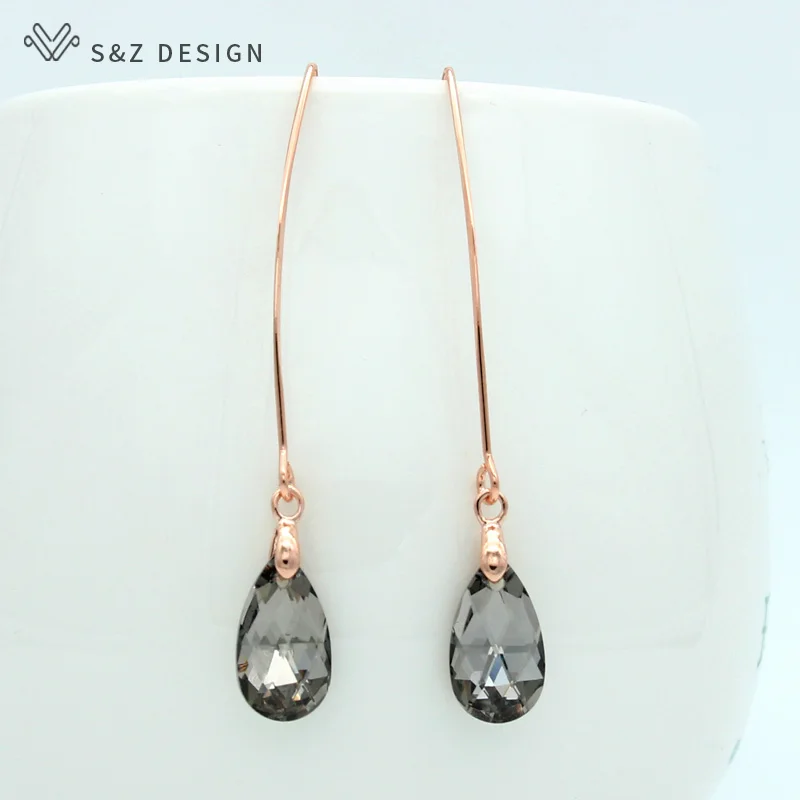 

S&Z New 585 Rose Gold Imitation Crystal Water Drop Dangle Earrings Long Ear Hook Japanese/Korean For Women Party Jewelry Gift