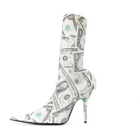 

Sock Boots Women Dollar Money Printing Stretch Thigh High Boots Elastic Mid-calf Short Boots Pointed Toe High Heel Shoes Lady