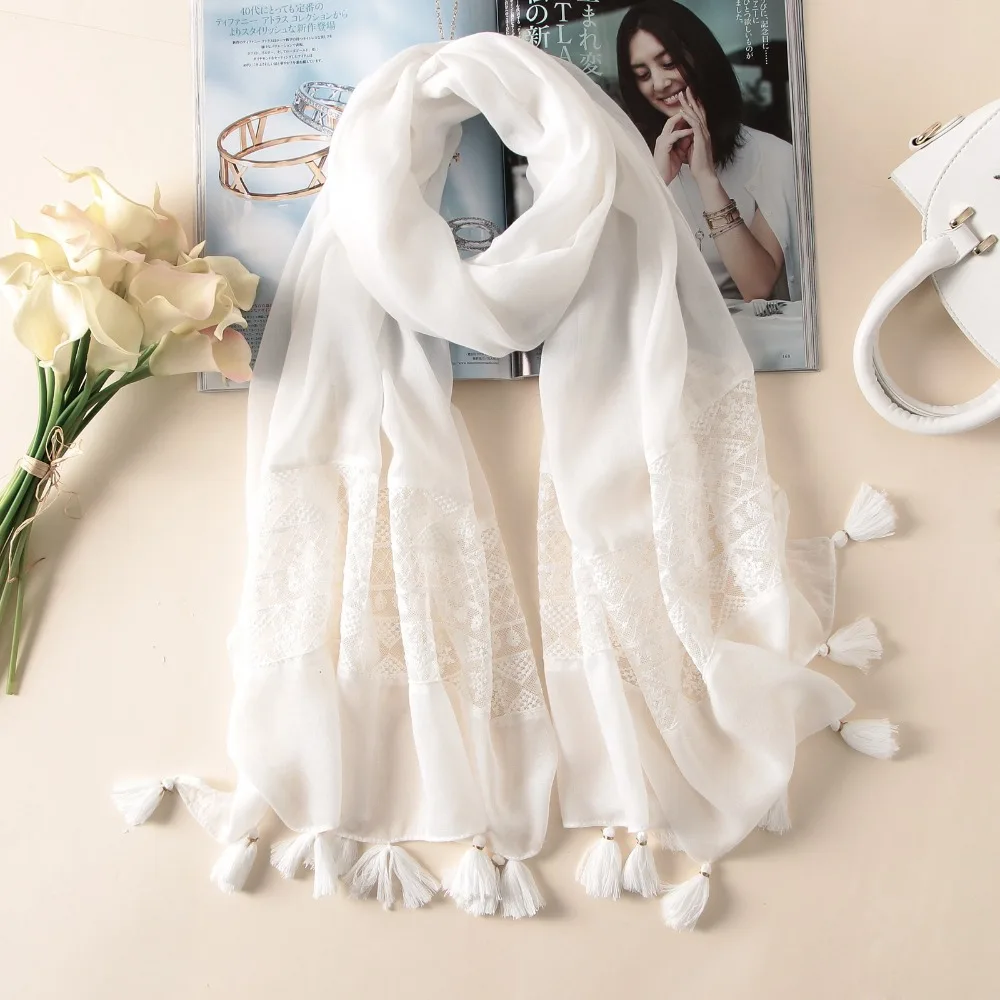 

2021 New Fashion White Lace Floral Tassel Viscose Shawl Scarf Luxury Brand Laser Cut Wrap Oversized Pashmina Sjaal Muslim Hijabs