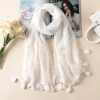 2022 new fashion white lace floral tassel viscose shawl scarf luxury brand laser cut wrap oversized pashmina sjaal muslim hijabs
