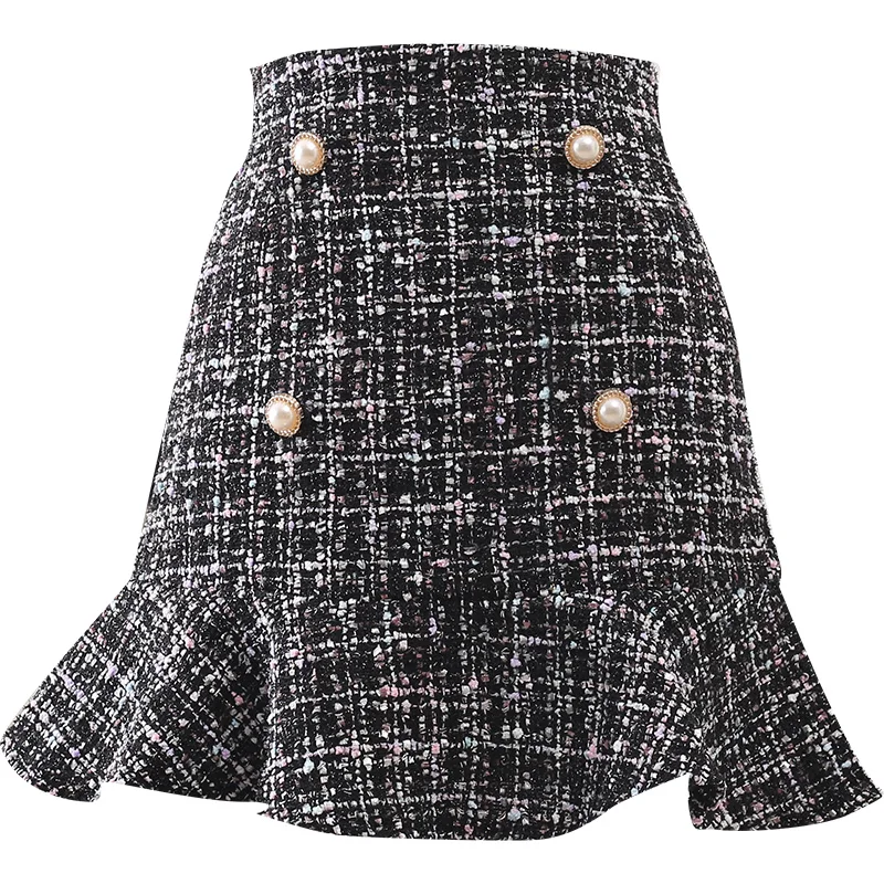 

woolen fishtail skirt winter women high waist small fragrance tweed wool mini skirt