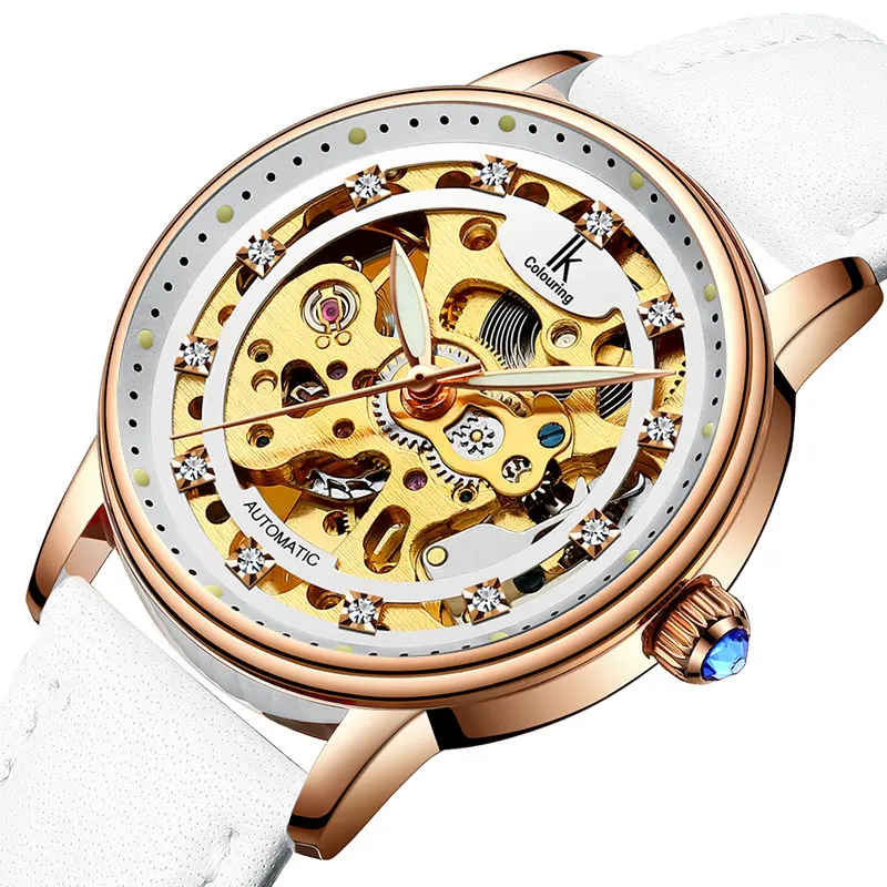 Женские Автоматические механические часы IK белые розовые золотые с ремешком из