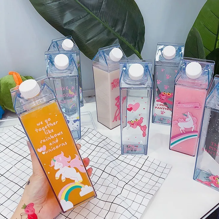 Милые модные бутылки с водой, форма коробки для молока, прозрачный пластик с мультяшным розовым принтом, бутылка для напитков, сока, кофе, пива, посуда для напитков, 1 шт