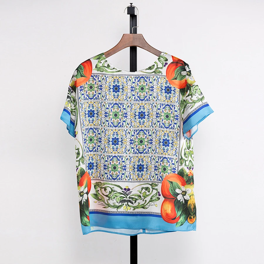 

Wholesale Loose Women Tops Summer New Silk Chiffon O-Neck Flower Print Short Sleeve Fashion for Holiday Ladies Top