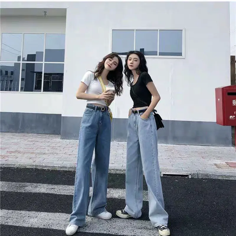 Summer new blue jeans 2019 Hong Kong wide leg pants women's retro high waist drop women loose drag straight trousers | Женская