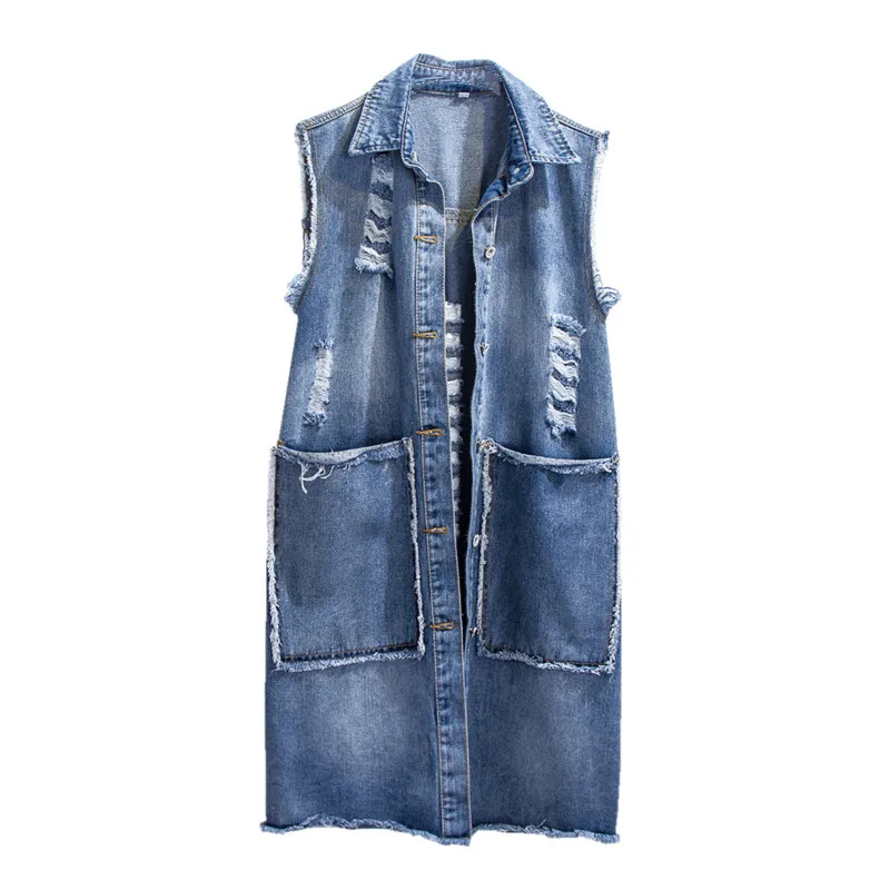 Женский джинсовый жилет облегающий однобортный без рукавов с дырками модель JIA238