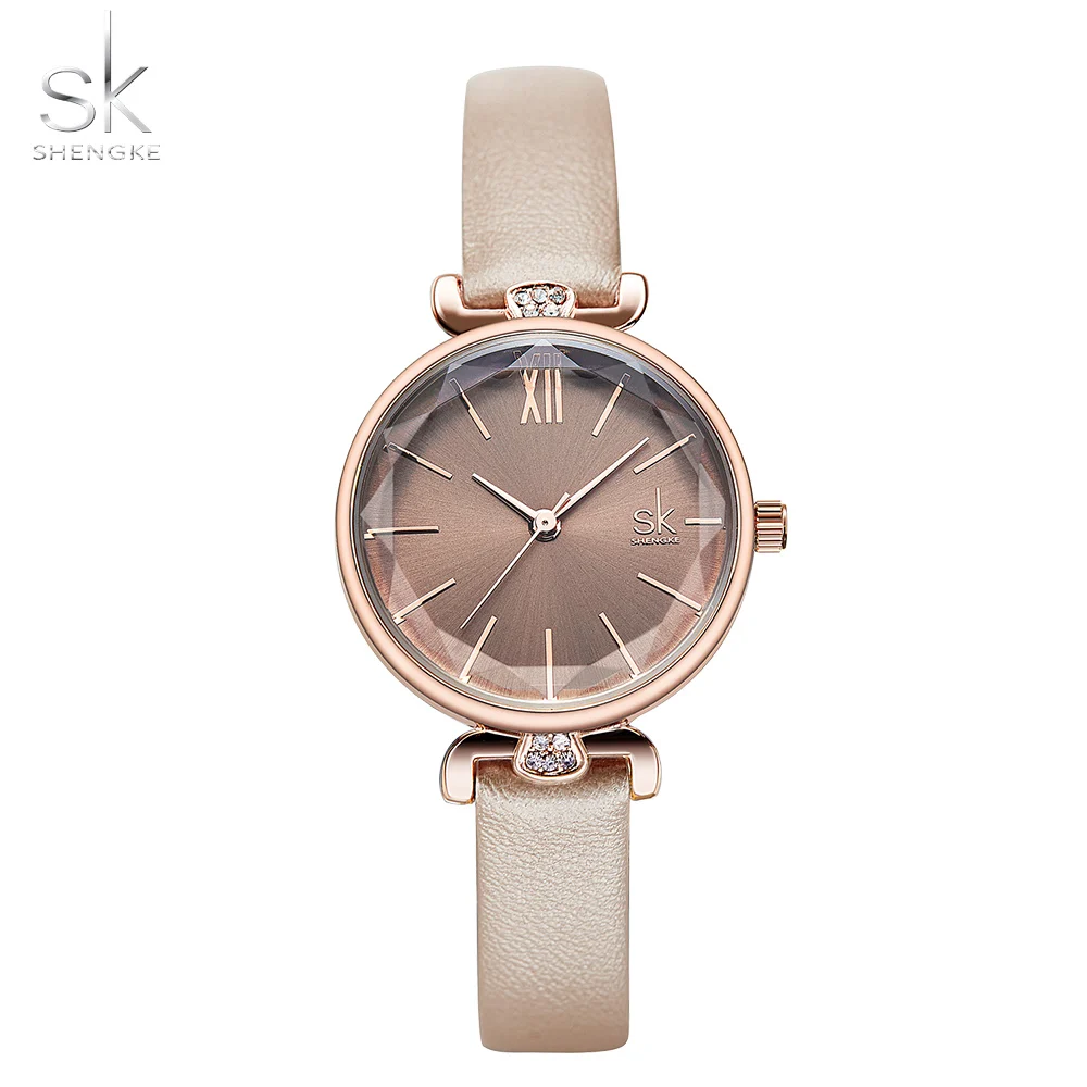 Champagne gold Shengke кварцевые наручные часы Relogio Feminino женские кожаные часы кварцевые классические повседневные аналоговые часы женские простые часы подарок - Цвет: Champagne gold