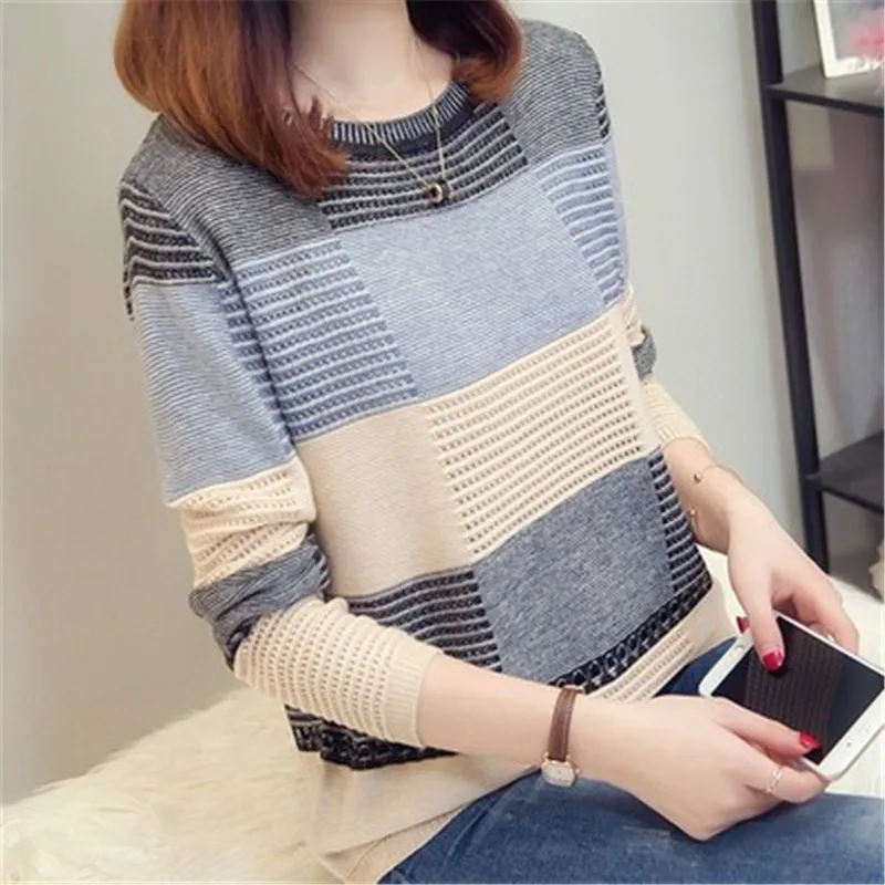2021 Spring autumn women sweater Korean color matching loose striped long-sleeved pullover Knitwear Hollow A275 | Женская одежда