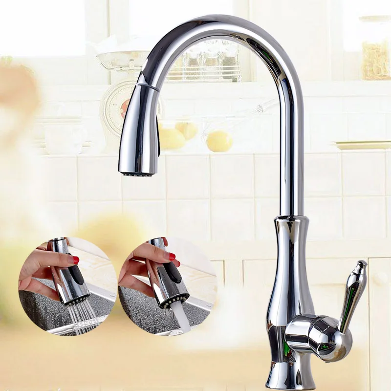 Chrome kitchen Tap Латунный кухонный кран Матовый никель Высокий арочный кухонный кран для раковины выдвижной вращающийся Спрей Смеситель Torneira Cozinha - Цвет: Chrome kitchen Tap
