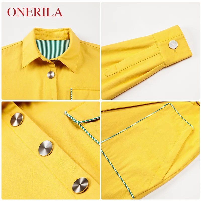 Однорядный осенний повседневный комбинезон с желтым воротником и длинным рукавом для женщин 2018 года ONERILA с поясом.
