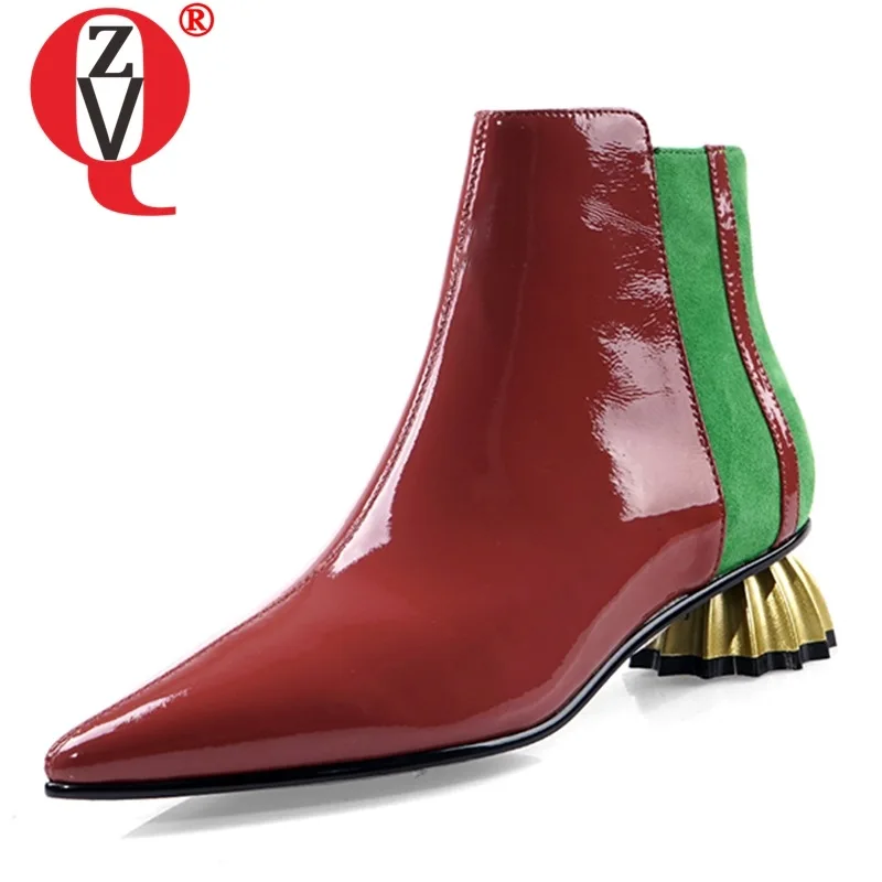 ZVQ Woman Shoes 2019 Autumn New Fashion Sexy Pointed Toe Mixed Colors Genuine Leather Ankle Boots Outside Mid Heels Ladies Shoes