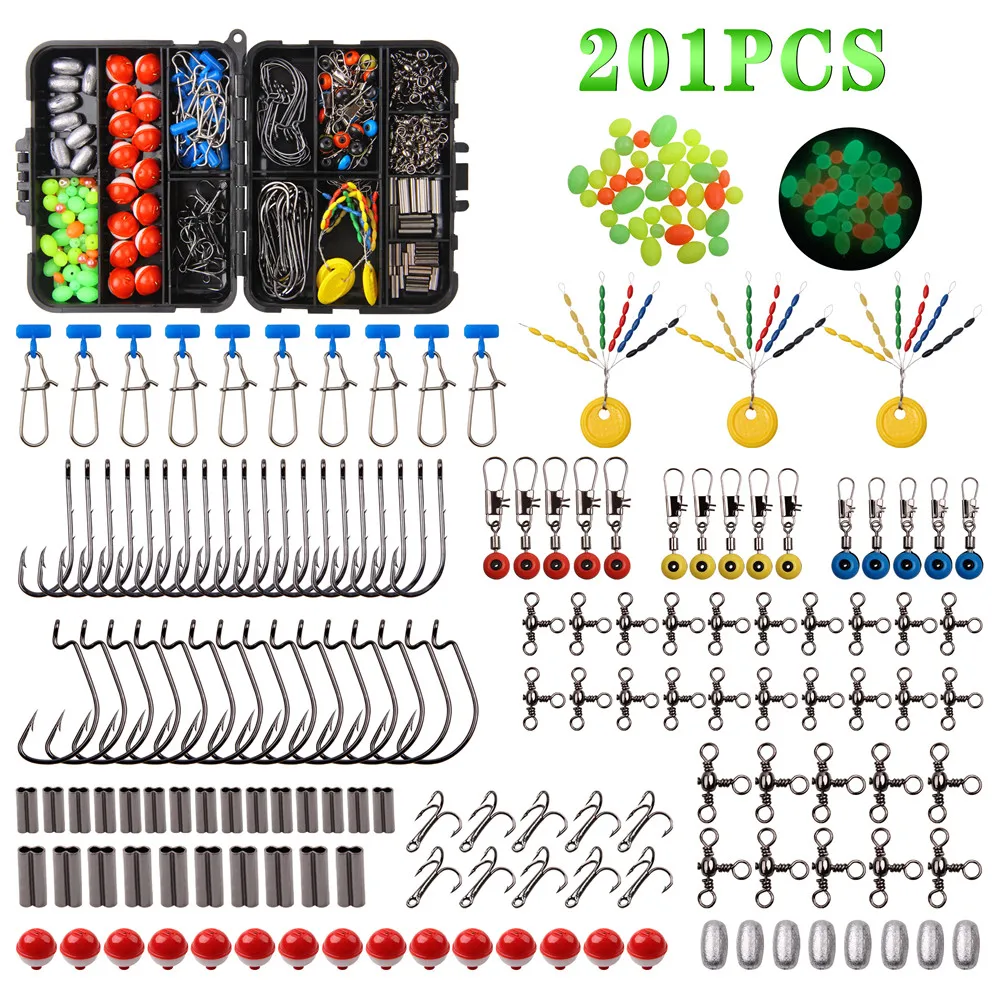 

201pcs/box Fishing Tackle Box Lure Kit Set include float stopper space beans jig hooks floating ball 3 way swivels lead sinker