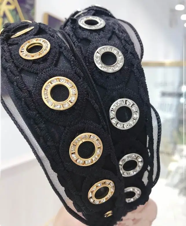 

Korea New Style Hairbands For Women Black Lace Cloth Crystal Circle Hole Decorated Knotted Wide Hair Bands Headwear Wholesale