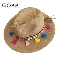cokk hat women beach summer hats for women straw wide brim color tassel chain men panama beach bucket sun hat lady floppy