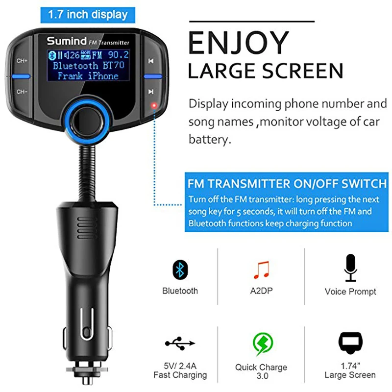 Bluetooth FM Transmitter Sumind Wireless Radio Adapter Hands-free Car Kit with 1.7 Inch Display QC3.0 and Smart 2.4A Dual USB | Автомобили