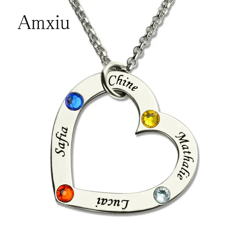 

Amxiu 100% 925 Sterling Silver Heart Necklace Engrave 2-4 Names with Birthstones Pendant Necklace For Women Mother Gift Bijoux