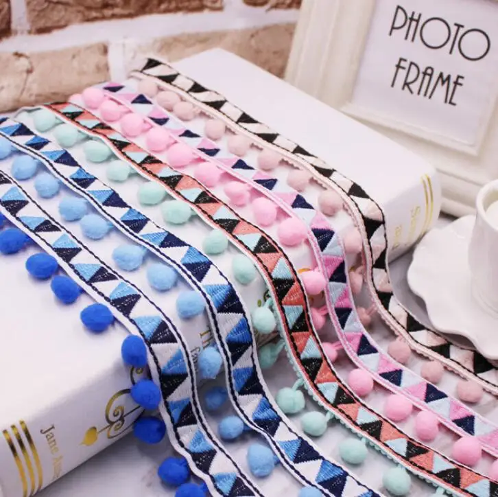 

4cm wide Colorful jacquard ribbon Pom ball lace DIY national wind clothing accessories lace curtain pompon Ribbon AC1295