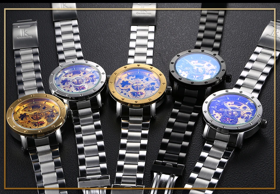 Мужские автоматические механические часы скелетоны с браслетом из нержавеющей