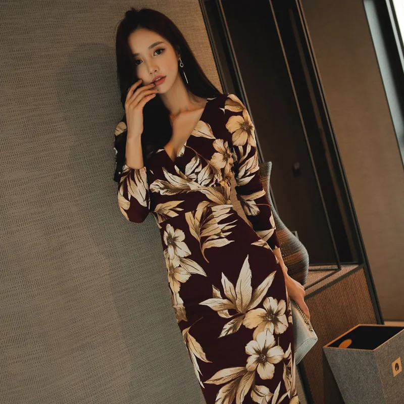 

Plus Size Pencil Dress 2018 Women Autumn Print Full Sleeve V-neck Ankle-length Vintage Floral Dress Elegant Party Club Dresses