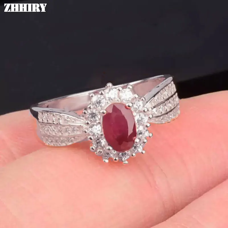 ZHHIRY Настоящее натуральное рубиновое кольцо из натуральной 925 пробы, серебряные драгоценные красные кольца с драгоценными камнями для женщин, хорошее ювелирное изделие, благородное Королевское