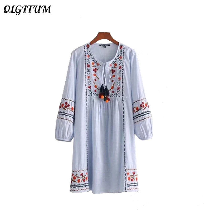 

Женское свободное платье, хлопковое, льняное платье в полоску, с цветочной вышивкой, в стиле ретро, с длинными рукавами и кисточками, весна ...