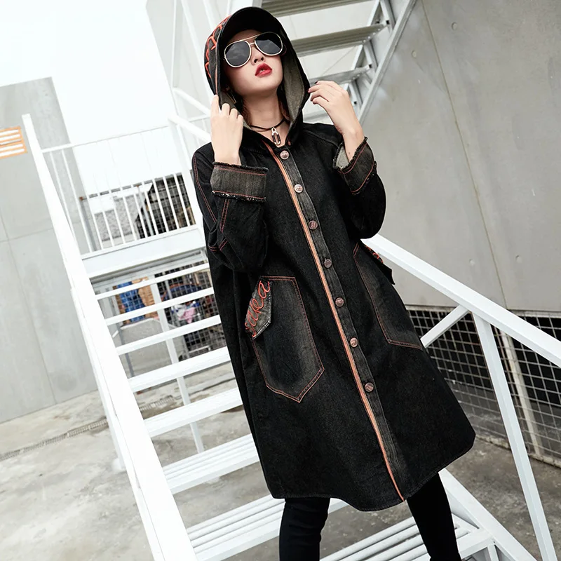Тренчкот женский джинсовый с капюшоном и вышивкой на весну|long windbreaker|hooded trench
